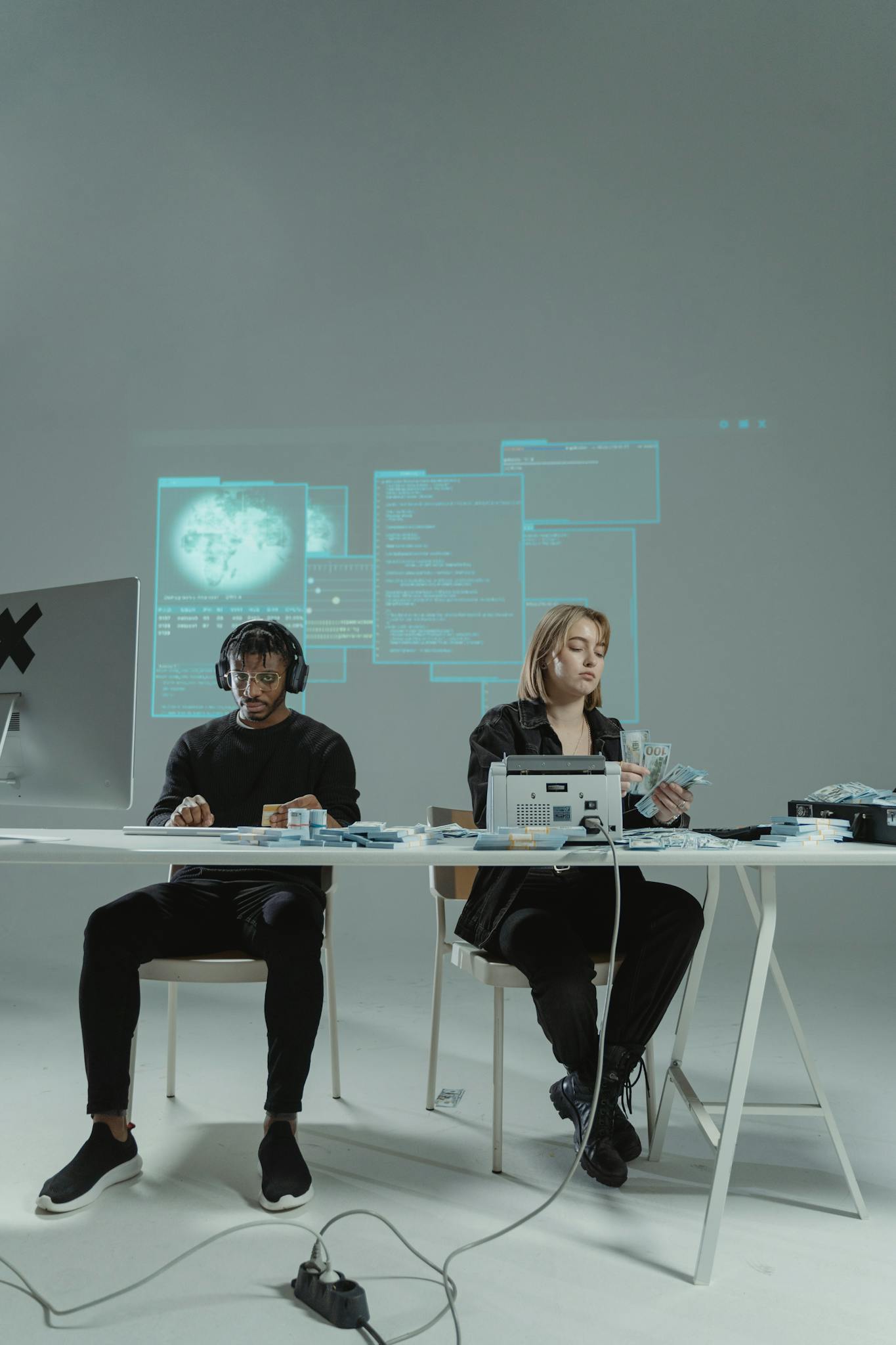 Two people sitting at a table using technology and gadgets in a modern setting.